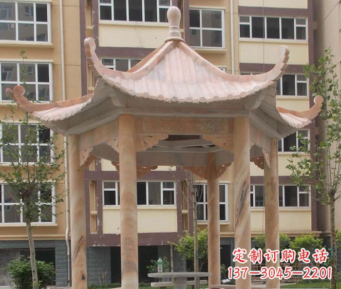 太原小区晚霞红六角凉亭石雕