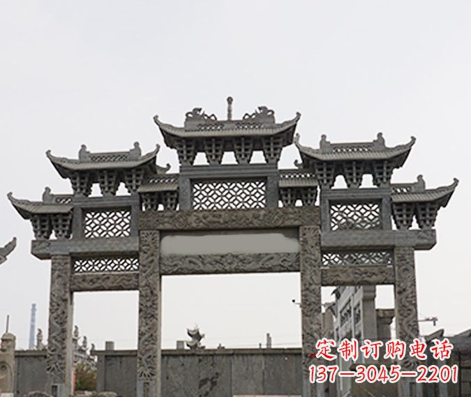 太原园林仿古三门牌坊石雕 (4)