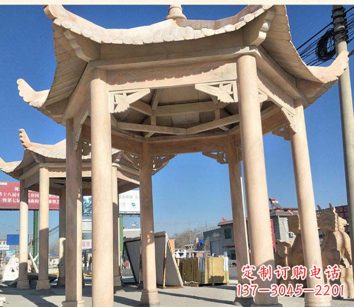 太原园林景观晚霞红六角石雕凉亭 (2)