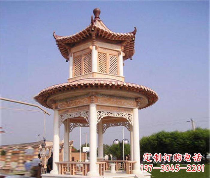 太原园林景观晚霞红双层石雕凉亭 (4)