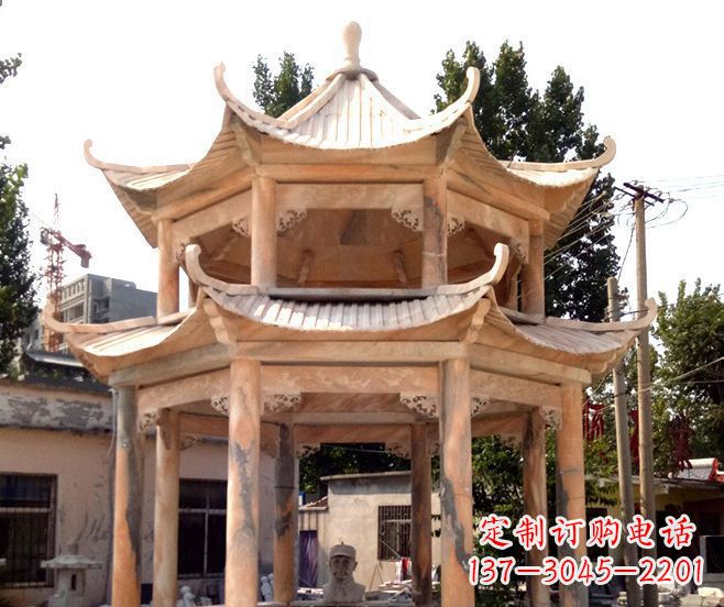 太原园林景观晚霞红双层石雕凉亭