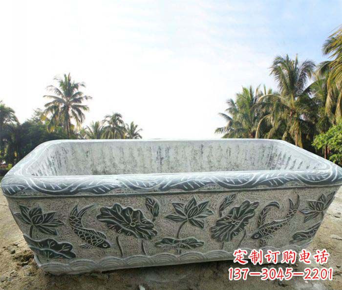 太原长方形连年有余荷花浮雕石水缸