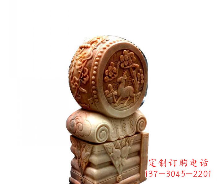太原招财石门墩晚霞红抱鼓石